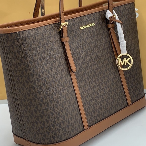 MICHAEL KORS 
Jet Set Travel Large Logo Tote Bag BROWN/BLACK SIGNATURE COLOR - Picture 6 of 15